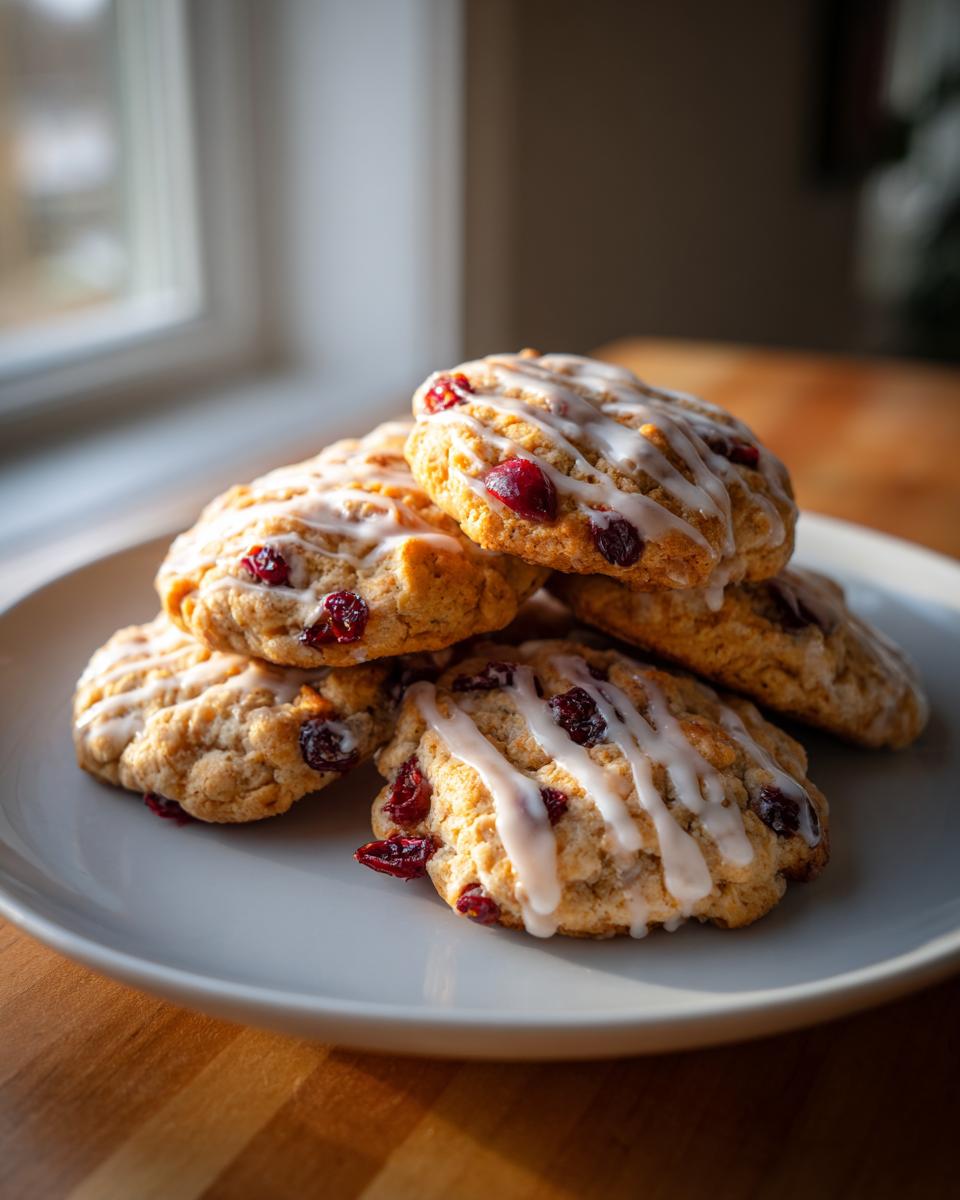 A stack of freshly baked cranberry orange cookies drizzled with white icing, sitting on a light gray plate.