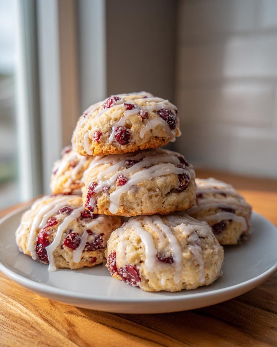 A stack of freshly baked cranberry orange cookies drizzled with white icing, resting on a light gray plate.