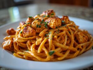 A close-up shot of creamy Cajun chicken pasta tossed in a rich orange sauce, topped with seared chicken pieces and fresh parsley.