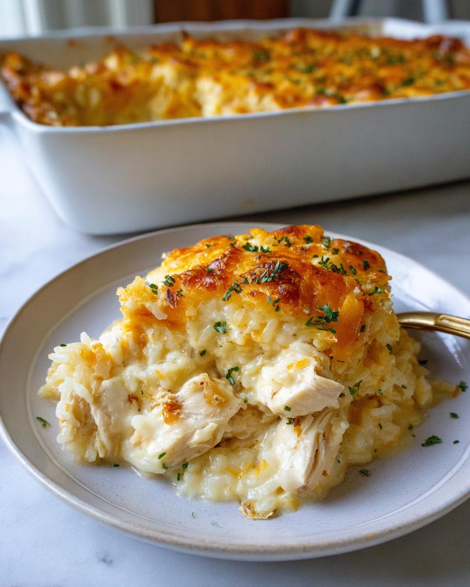 A serving of creamy chicken and rice casserole topped with melted, browned cheese and parsley on a plate.