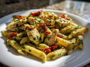 A close-up of creamy chicken pesto pasta featuring penne, sliced chicken breast, and bits of sun-dried tomato on a white plate.