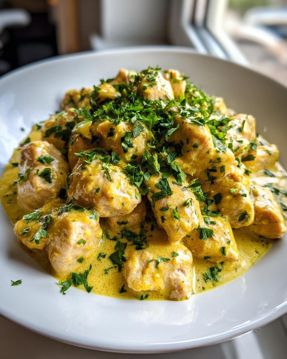 Close-up of tender chunks of coconut lime chicken coated in a rich, yellow coconut sauce and topped with fresh parsley.