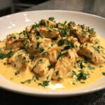Close-up of seared chicken pieces coated in a rich, creamy yellow sauce, garnished with fresh parsley, perfect for coconut lime chicken.