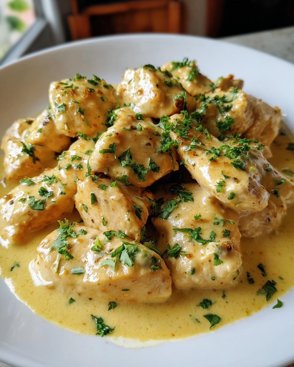 Close-up of tender pieces of coconut lime chicken coated in a rich, yellow sauce and topped with fresh parsley.