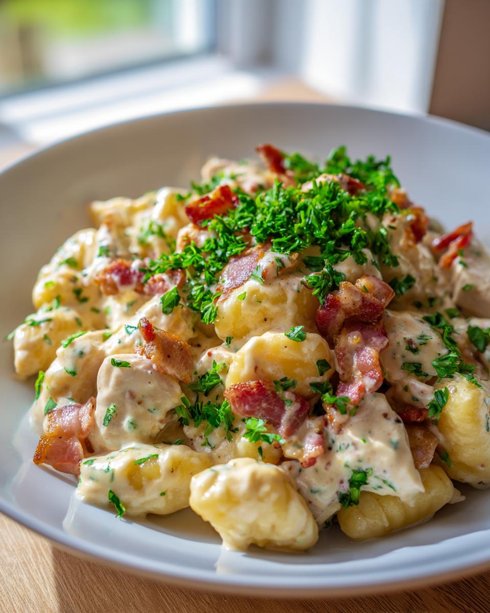 A close-up of creamy crack chicken gnocchi topped with crispy bacon bits and fresh parsley in a white bowl.