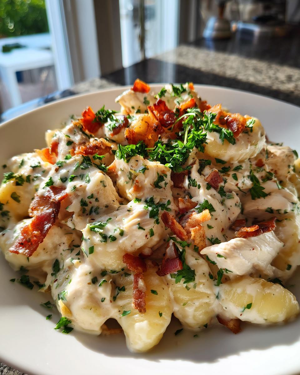 A close-up of creamy crack chicken gnocchi tossed in a rich white sauce, topped with crispy bacon bits and fresh parsley.