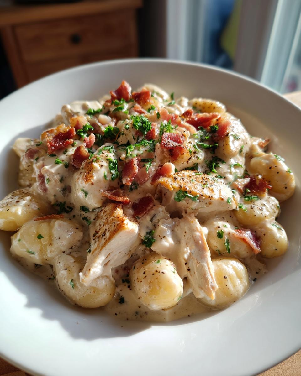 A white bowl filled with creamy crack chicken gnocchi, topped with sliced chicken breast, crispy bacon, and fresh parsley.