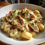 Close-up of creamy crack chicken gnocchi in a white bowl, topped with bacon bits and fresh parsley.