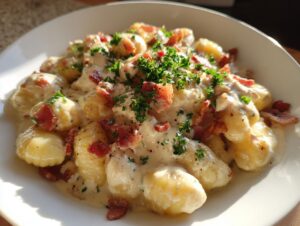 A close-up of creamy crack chicken gnocchi coated in a rich white sauce, topped with crispy bacon bits and fresh parsley.
