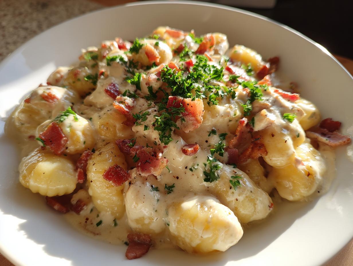 A close-up of creamy crack chicken gnocchi coated in a rich white sauce, topped with crispy bacon bits and fresh parsley.