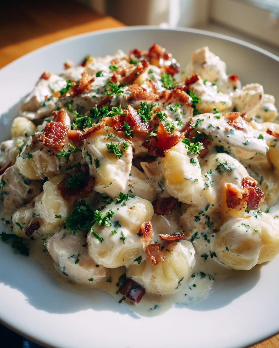 A close-up of creamy crack chicken gnocchi served in a white bowl, topped with crispy bacon bits and fresh parsley.