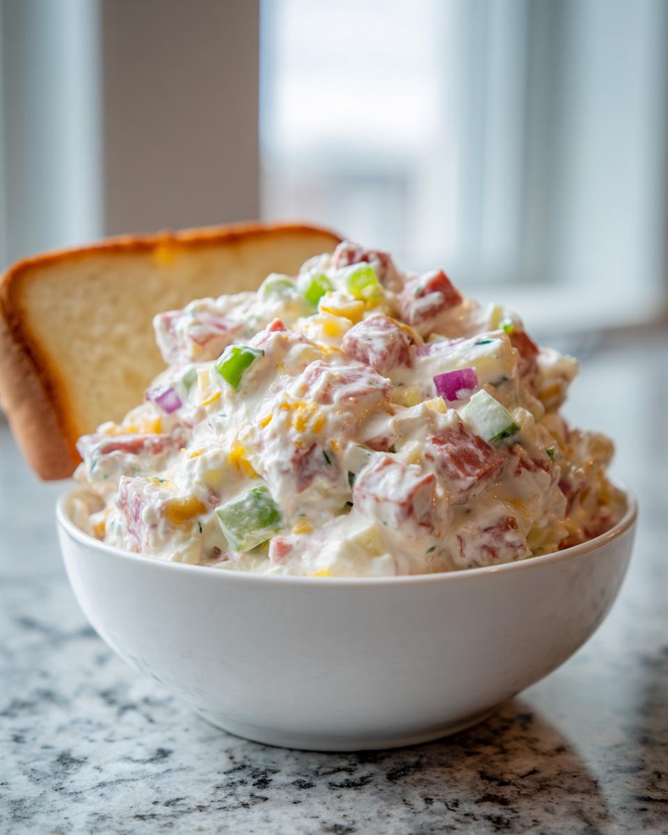 A white bowl filled with creamy hoagie dip mixed with diced meats and vegetables, served next to a slice of bread.