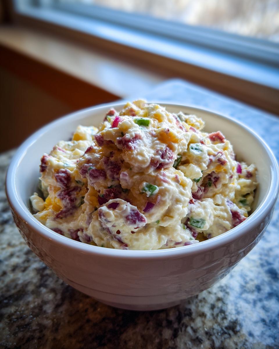 A close-up of a creamy, loaded hoagie dip mixture with visible bits of meat and red onion in a white bowl.