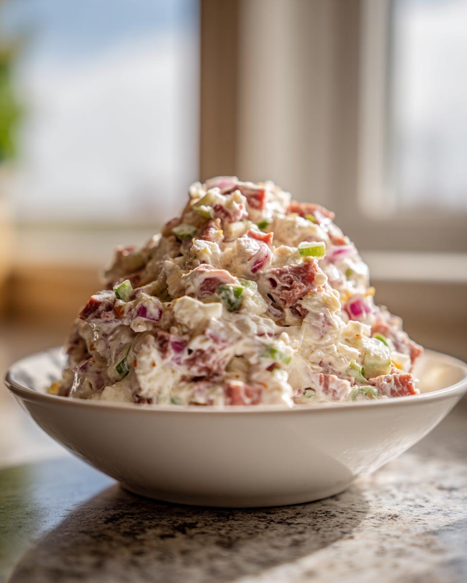 A large mound of creamy hoagie dip mixed with meats and vegetables served in a white bowl.