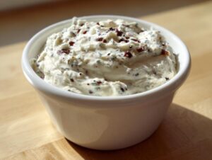 Close-up of a thick, white creamy horseradish sauce speckled with dark herbs and spices in a small white ramekin.