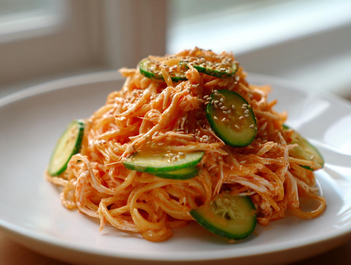 A mound of creamy, shredded kani salad topped with sliced cucumbers and sesame seeds on a white plate.