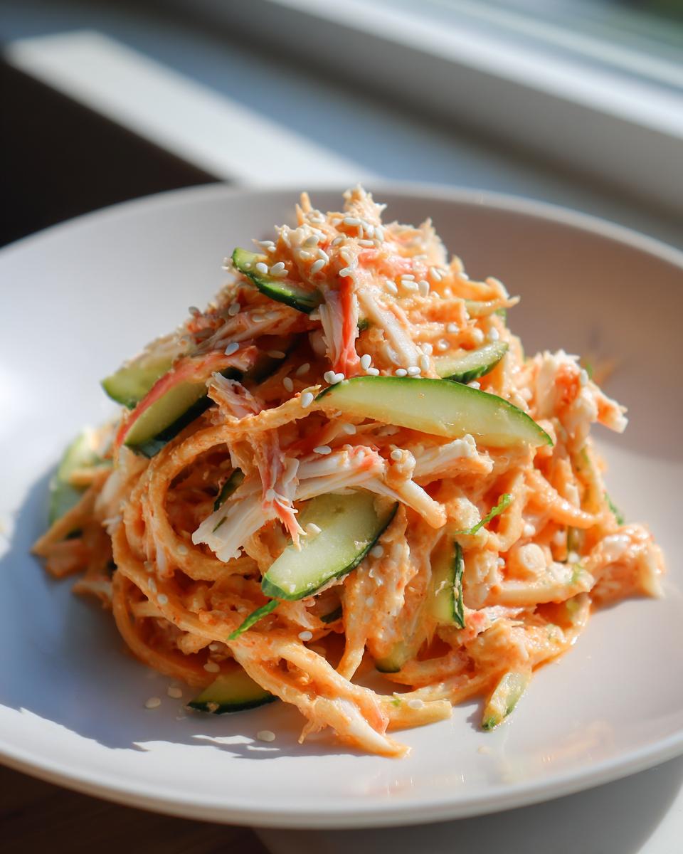 A mound of creamy kani salad featuring shredded imitation crab, cucumber slices, and toasted sesame seeds on a white plate.