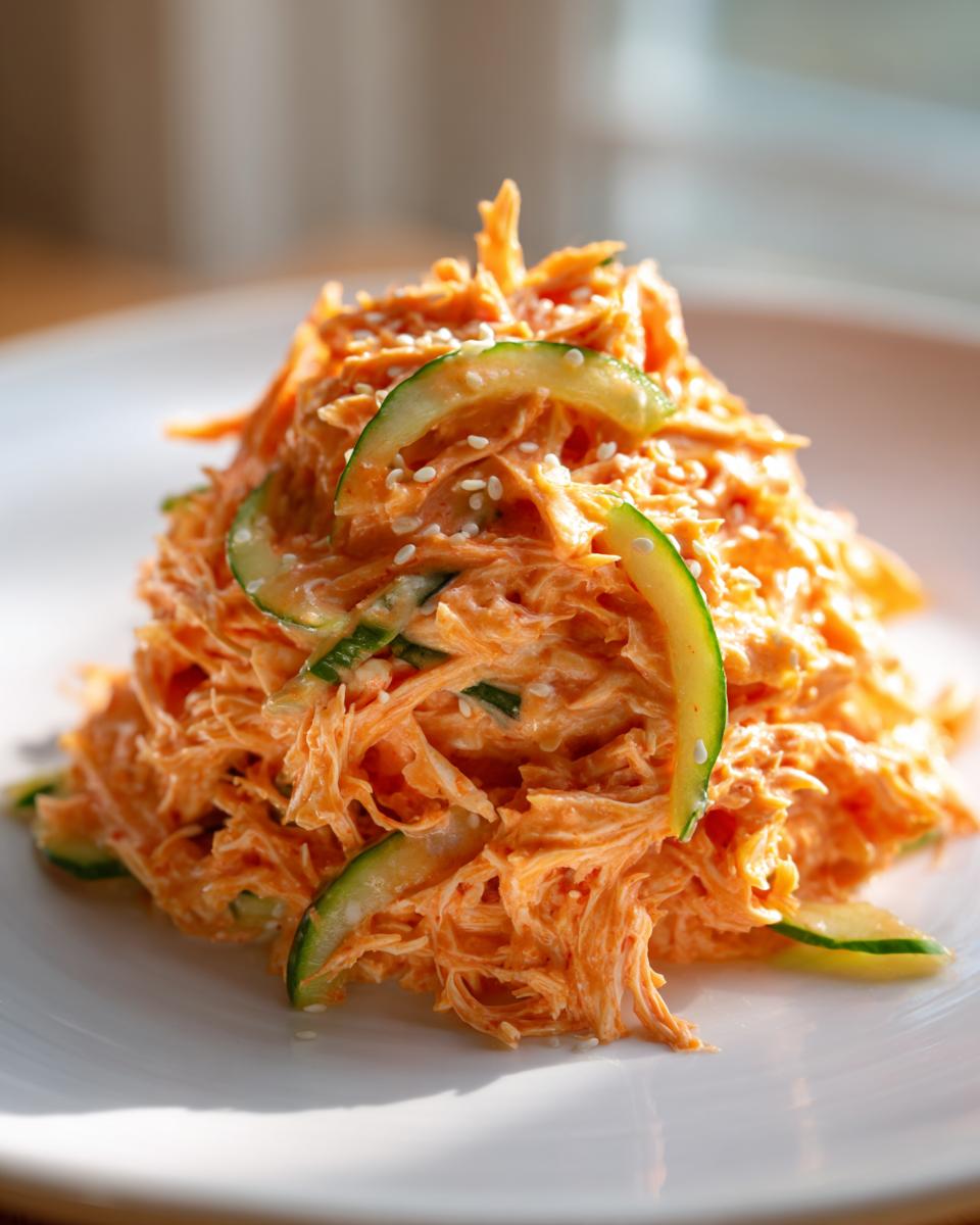 A mound of vibrant orange kani salad mixed with creamy dressing, topped with thin cucumber slices and sesame seeds.