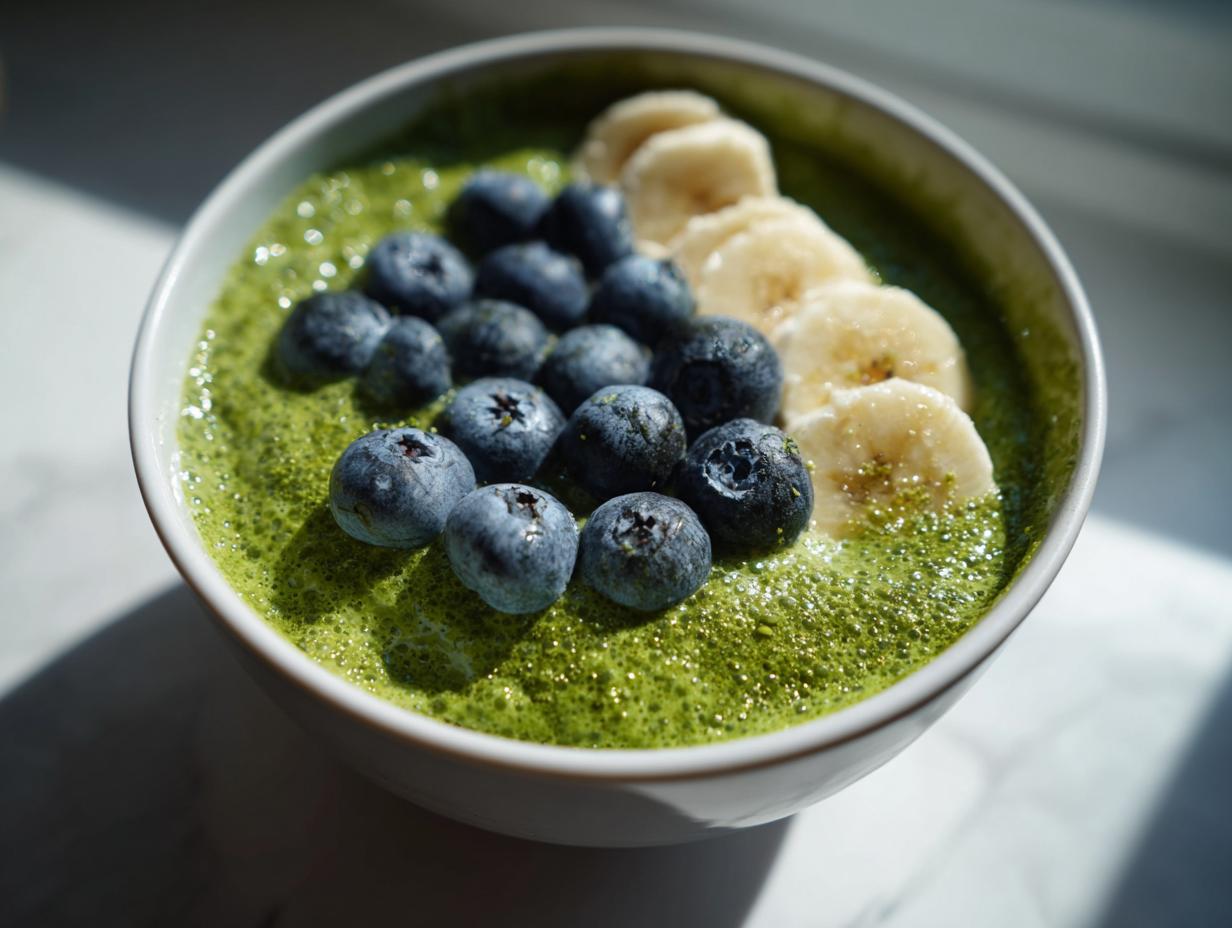 Close-up of a bowl of vibrant green matcha chia pudding topped with fresh blueberries and sliced bananas.