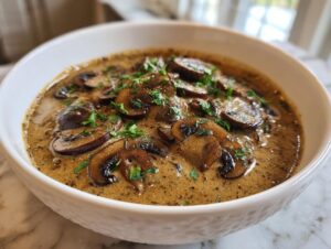 Close-up of rich, creamy mushroom sauce filled with sliced, sautéed mushrooms and topped with fresh parsley.