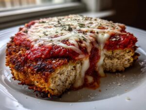 Close-up of a thick slice of keto chicken parmesan, showing a crispy crust, marinara sauce, and melted mozzarella cheese.