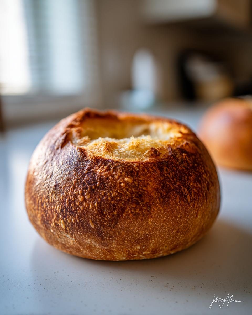 Close-up of a freshly baked, round bread bowl with a deeply browned, crusty exterior and the top cut out.