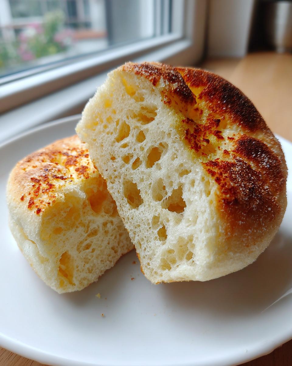 Close-up of an english muffin cut in half, showing its signature nooks and crannies and toasted exterior.