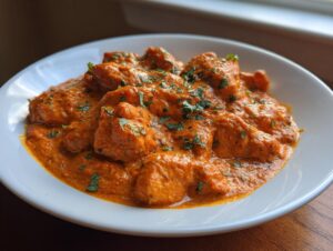 Close-up of rich, orange-red butter chicken pieces swimming in creamy sauce, garnished with cilantro.