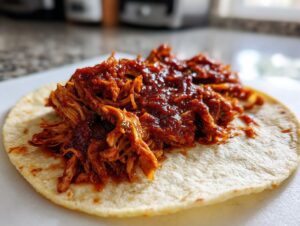 Close-up of shredded chicken tinga in a rich, dark red sauce piled onto a soft corn tortilla.