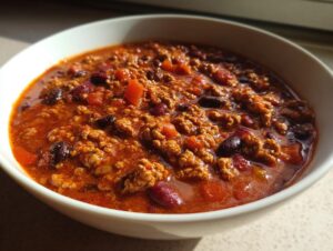 Close-up of a white bowl filled with rich, thick high protein chili featuring ground meat and kidney beans.