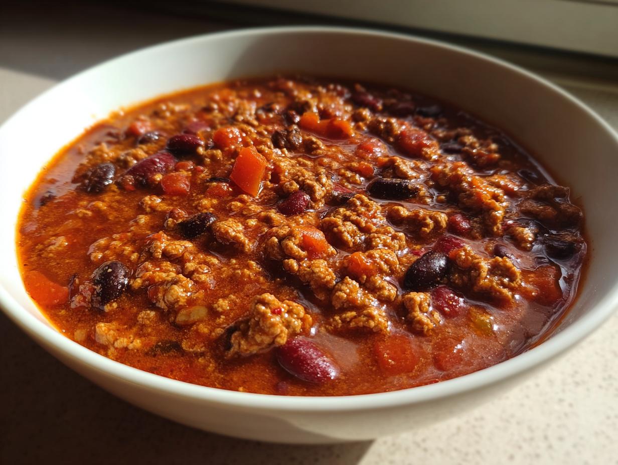 Close-up of a white bowl filled with rich, thick high protein chili featuring ground meat and kidney beans.