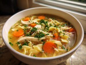A close-up of a white bowl filled with rich turkey noodle soup, featuring shredded turkey, egg noodles, bright orange carrots, and fresh parsley.