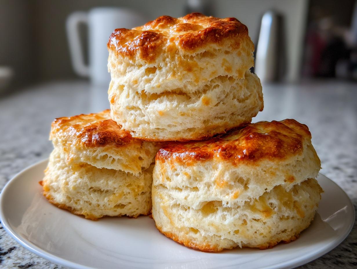 Three tall, flaky, golden brown scones stacked on a white plate, perfect for a quick breakfast.