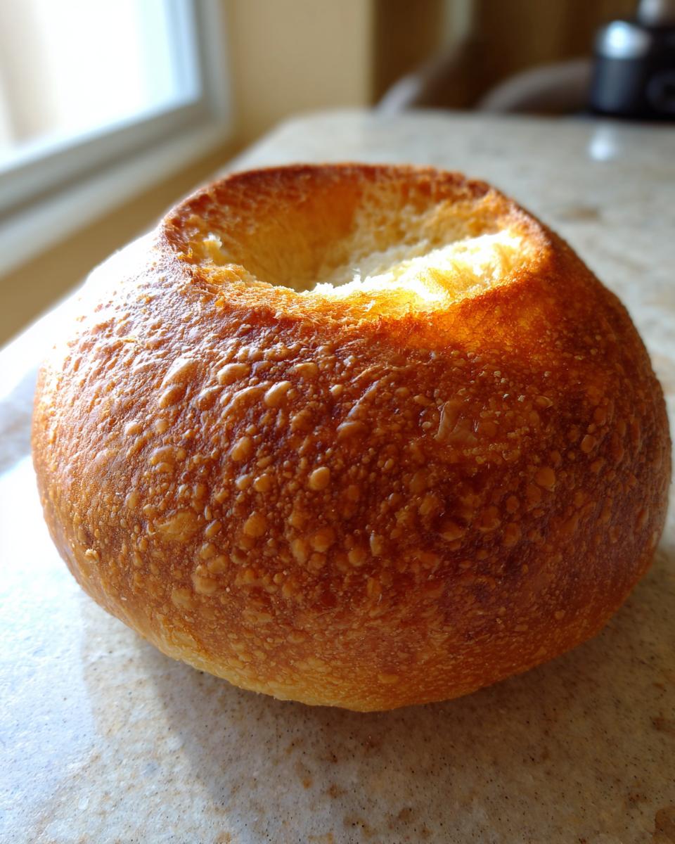 A single, round, golden-brown bread bowl with the top cut out, ready to be filled with soup or dip.