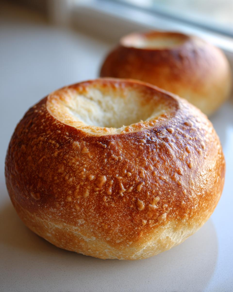 Close-up of two golden brown, freshly baked bread bowls with the tops hollowed out.