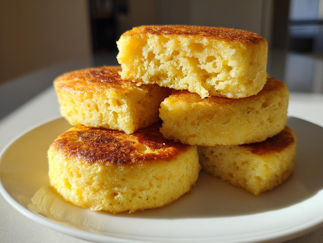 A stack of golden brown, round pieces of fried cornbread on a white plate, showing a fluffy interior.