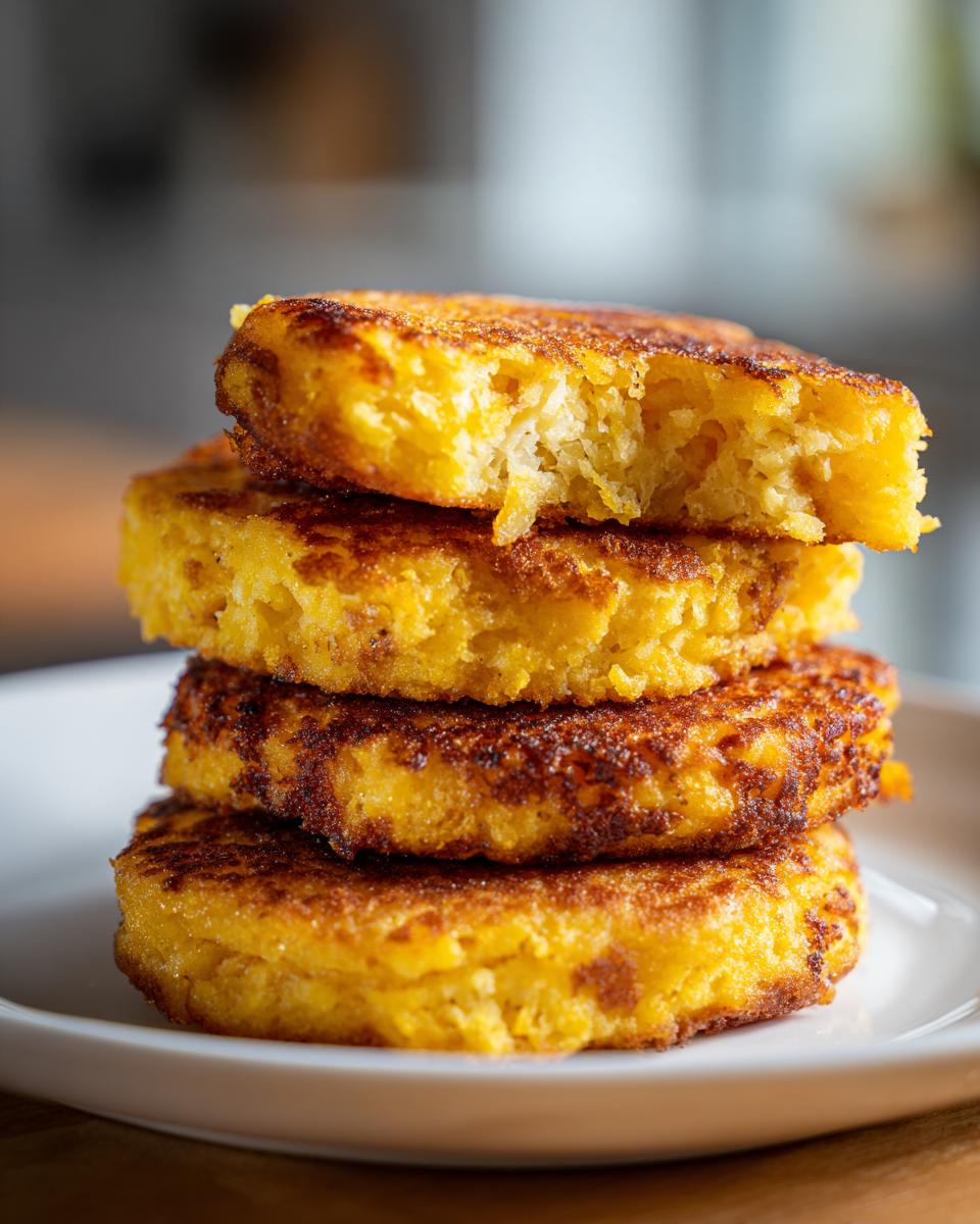A close-up stack of four golden brown fried cornbread patties on a white plate, with the top one broken open.