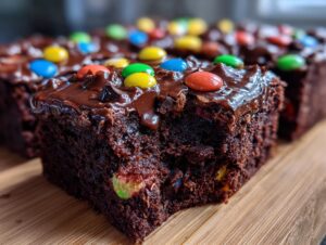 A close-up, rich shot of a fudgy cosmic brownies square topped with melted chocolate glaze and colorful candy-coated chocolates.