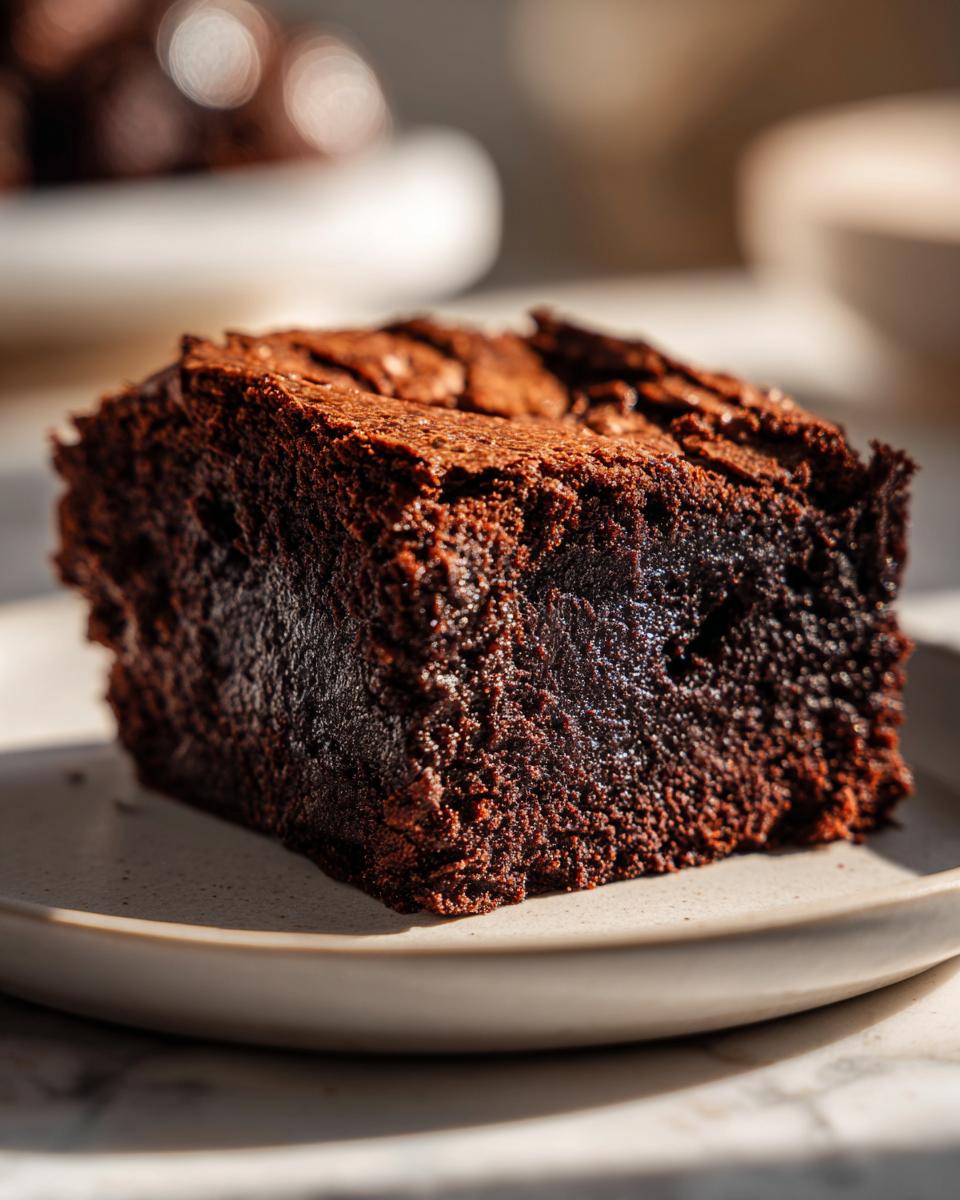 Close-up of a rich, fudgy square of date brownies resting on a light-colored plate.