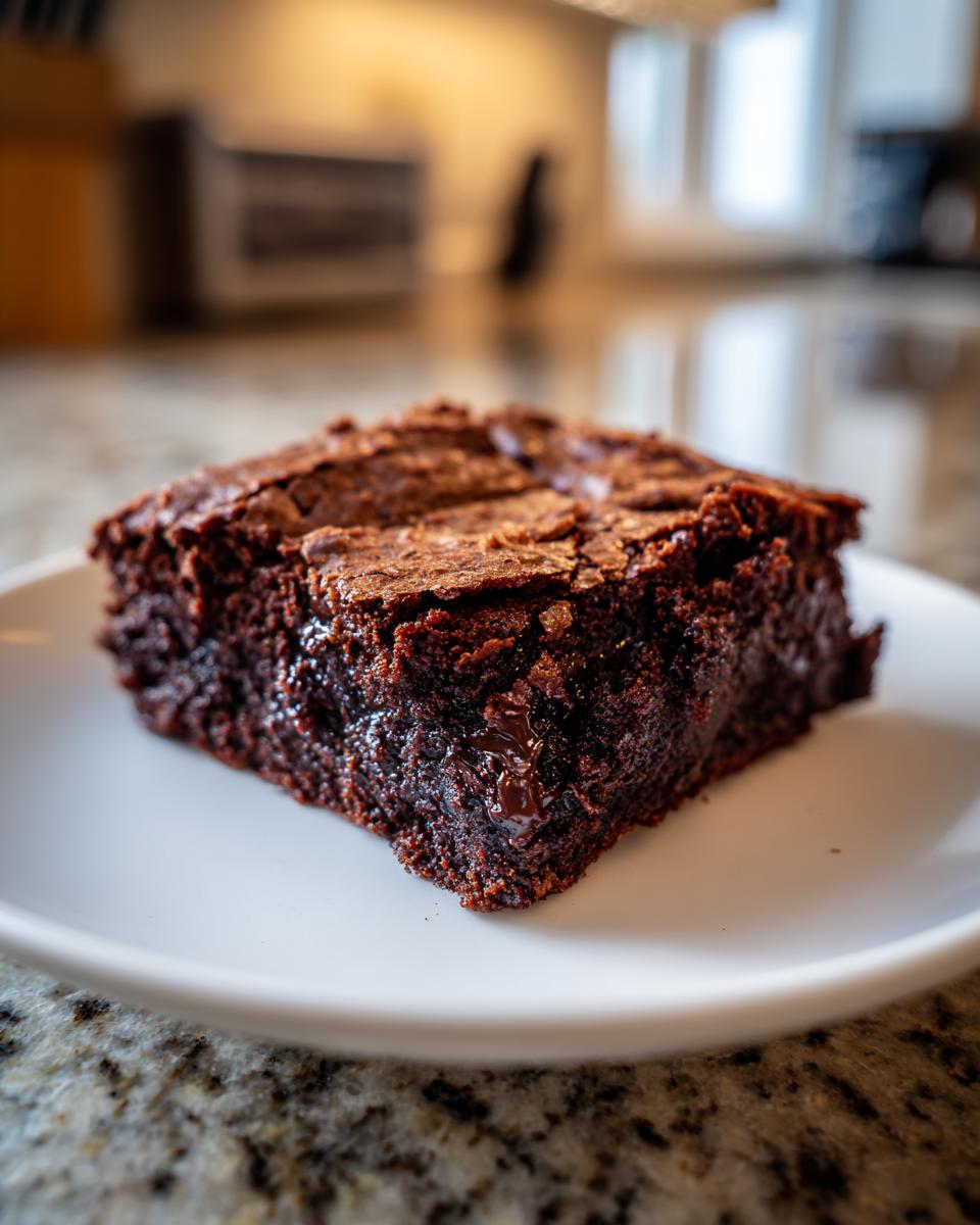 A close-up, low-angle shot of a single, fudgy square of date brownies resting on a white plate.