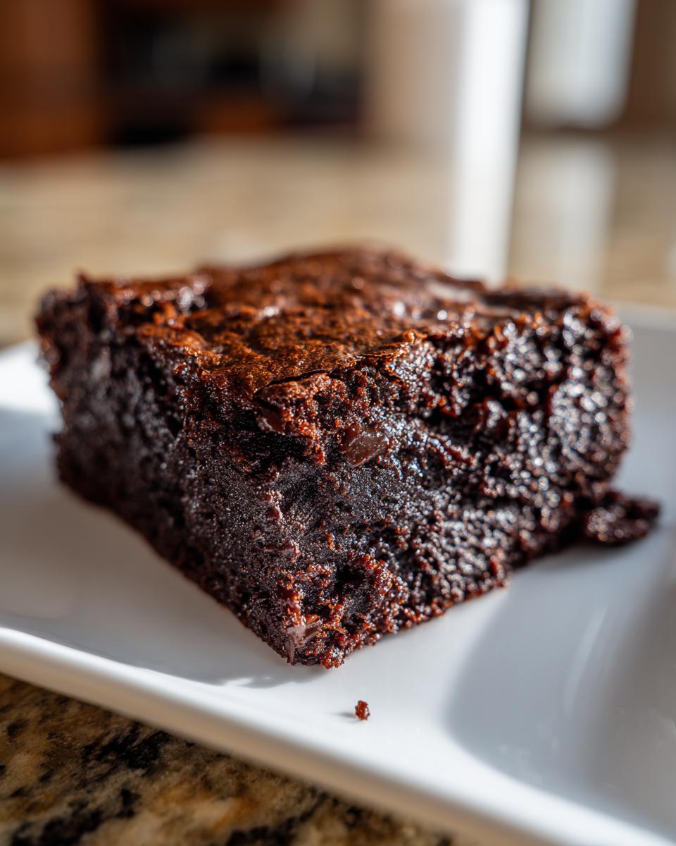 Close-up of a rich, fudgy square of date brownies resting on a white plate, showing a shiny, crackled top.