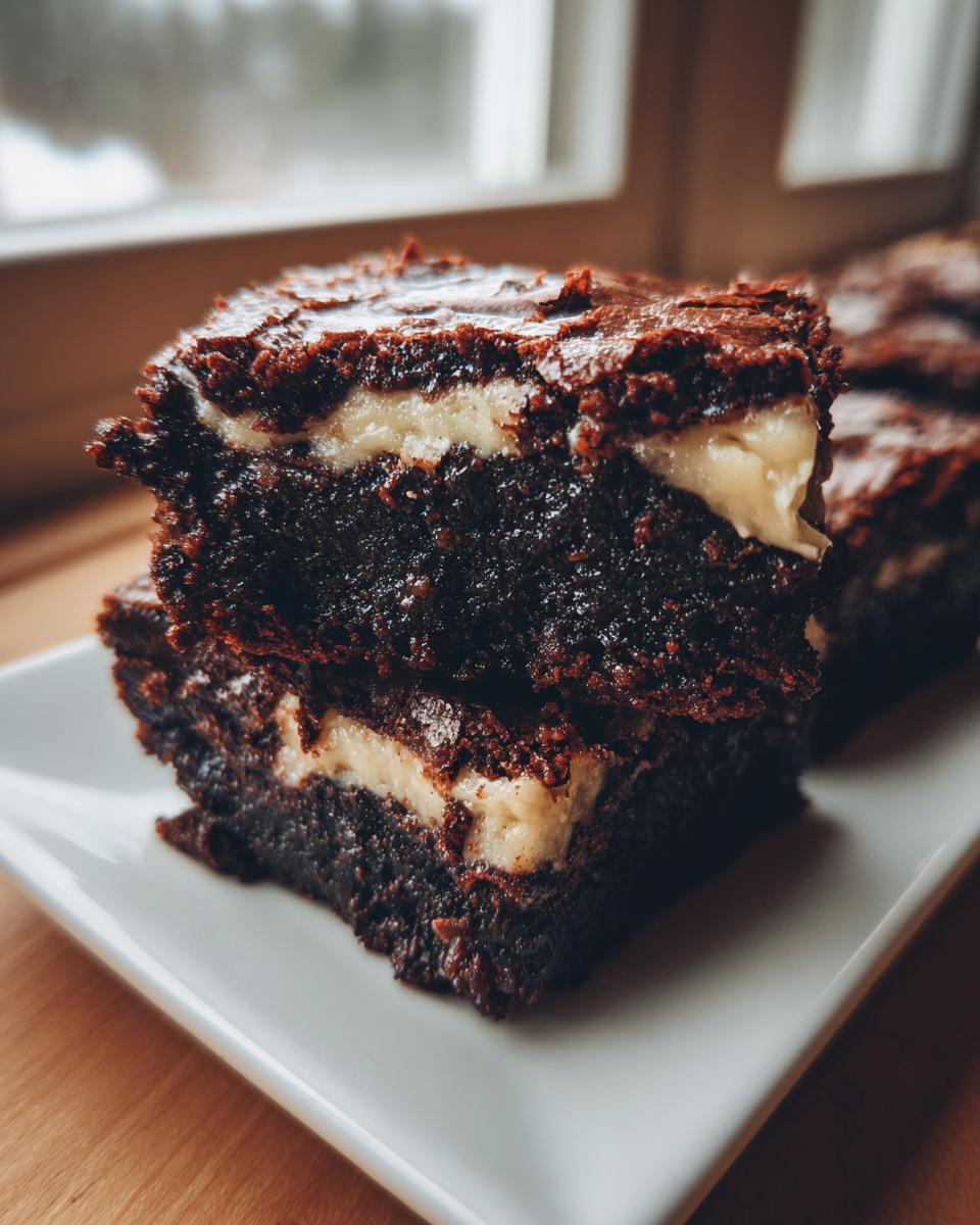 Two stacked, rich, dark gingerbread brownies with a visible layer of cream cheese swirl filling.