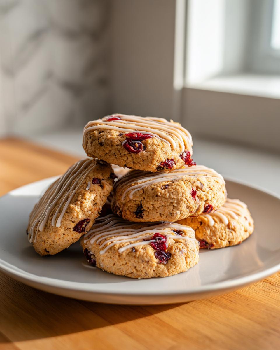 A stack of five delicious cranberry orange cookies, drizzled with white glaze, sitting on a light gray plate.