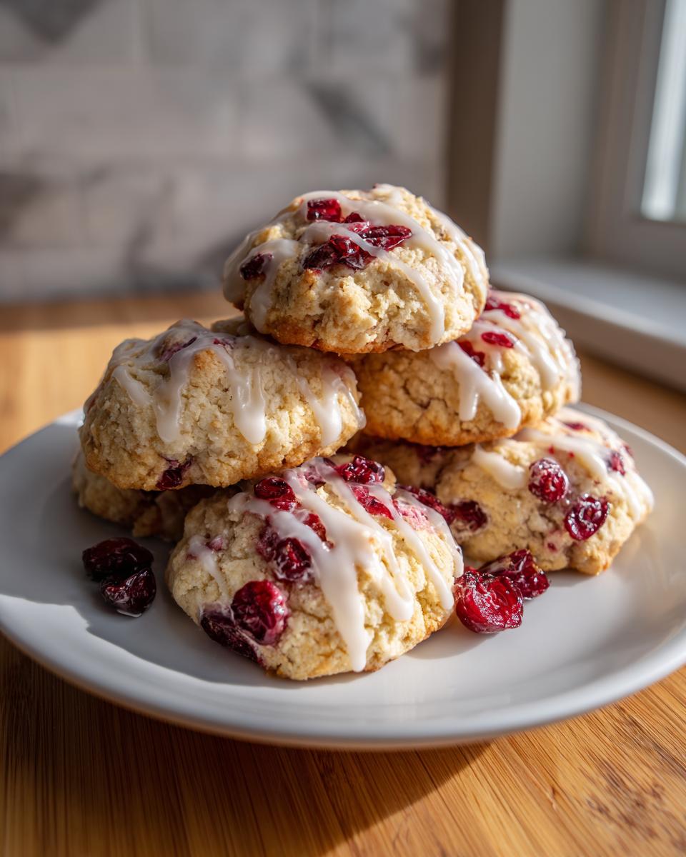 A stack of freshly baked cranberry orange cookies topped with a white citrus glaze, sitting on a white plate.