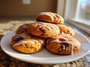 A stack of freshly baked cranberry orange cookies drizzled with white glaze, sitting on a white plate near a window.