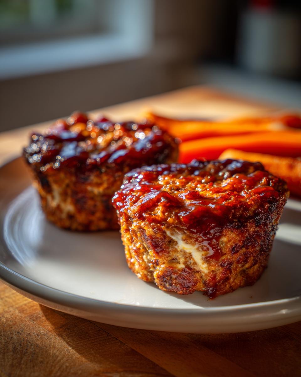 Two perfectly baked mini meatloaf muffins topped with a shiny glaze, served on a plate.