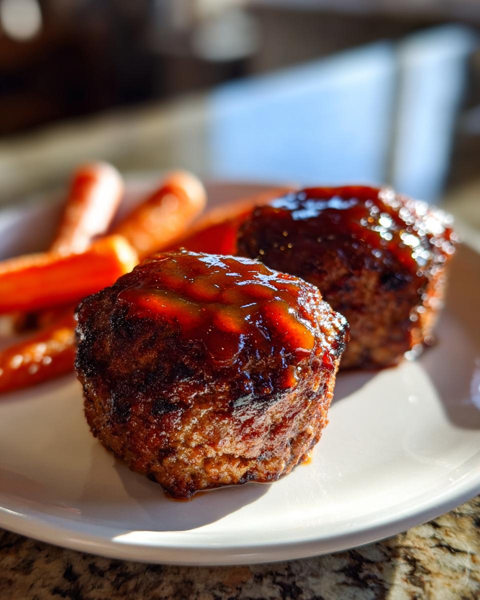 Two perfectly cooked mini meatloaf portions topped with a shiny brown glaze, served alongside glazed carrots.