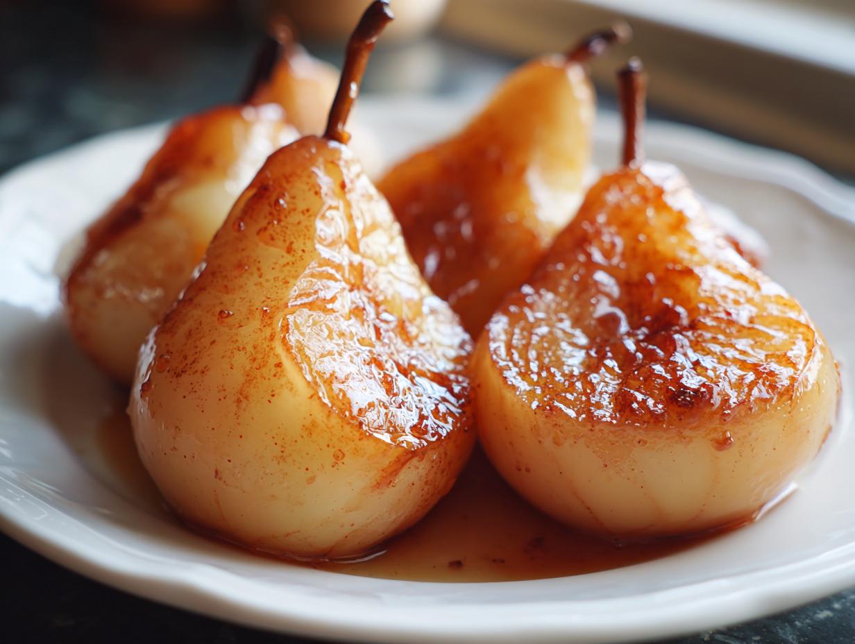 Four beautifully caramelized baked pears glistening with syrup, served on a white plate, ready to eat.