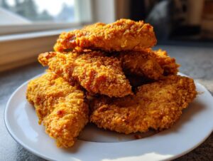 A close-up, sunlit stack of golden brown, crispy air fryer chicken tenders piled high on a white plate.