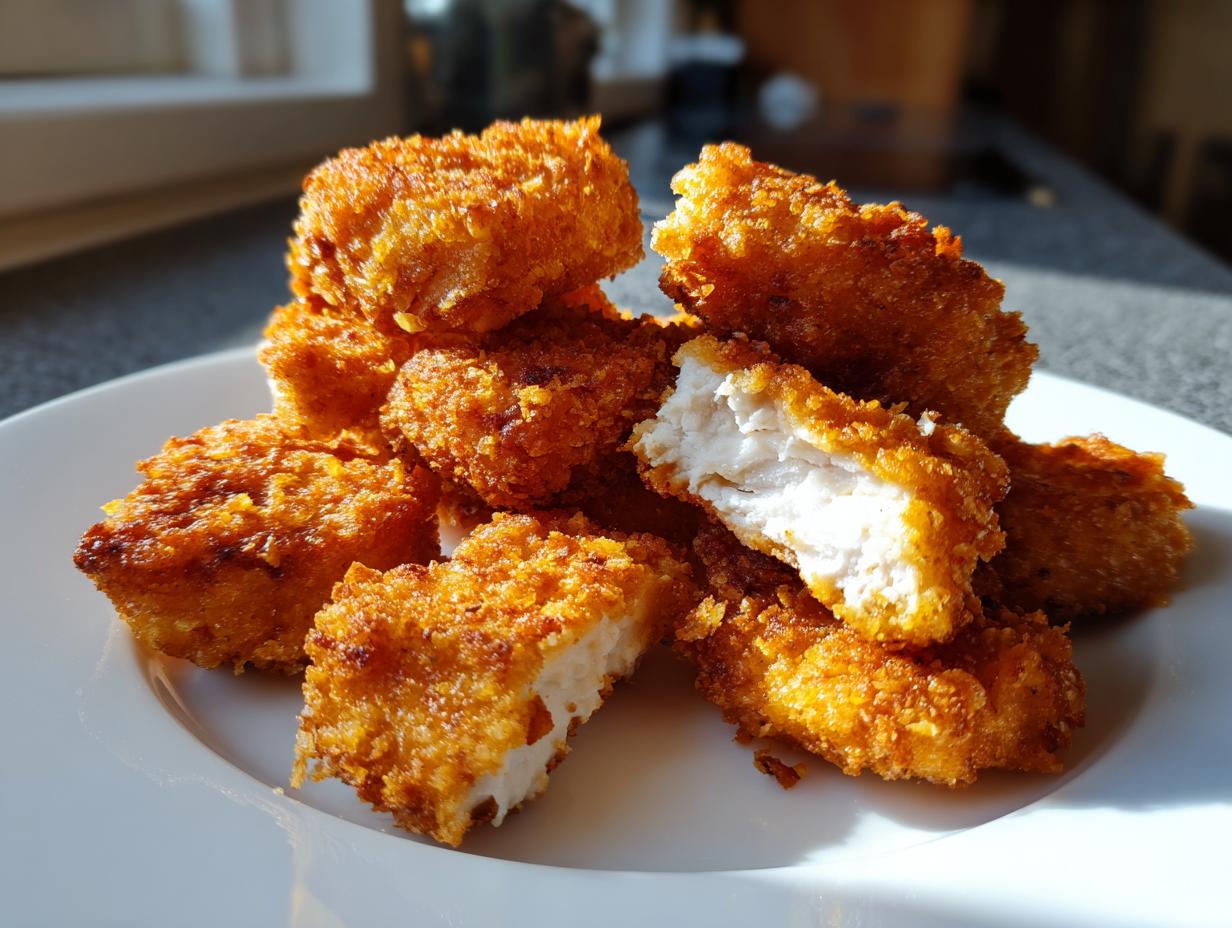 A pile of golden brown, crispy homemade chicken nuggets on a white plate, one nugget is broken open showing the white chicken meat inside.
